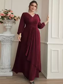 Plus Puff Sleeve Wrap Hem Maxi Chiffon Bridesmaid Dress - Burgundy - View 4