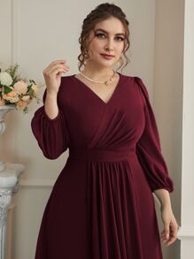 Plus Puff Sleeve Wrap Hem Maxi Chiffon Bridesmaid Dress - Burgundy - View 5