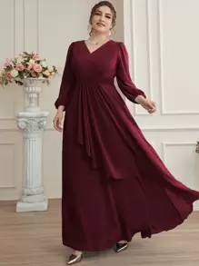Plus Puff Sleeve Wrap Hem Maxi Chiffon Bridesmaid Dress - Burgundy - View 6