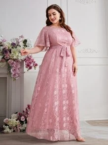 SHEIN Belle 大碼滿身花卉刺繡蝴蝶袖覆蓋蕾絲腰帶伴娘連衣裙 - 藕粉色 - 查看 3