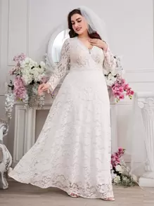 SHEIN Belle Plus V Neck Lace Wedding Dress - White - View 1