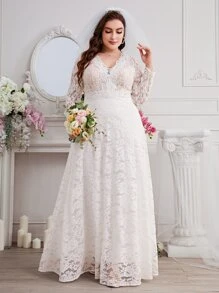SHEIN Belle Plus V Neck Lace Wedding Dress - White - View 3