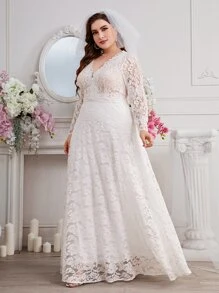 SHEIN Belle Plus V Neck Lace Wedding Dress - White - View 6