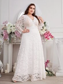 SHEIN Belle Plus V Neck Lace Wedding Dress - White - View 7