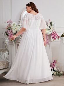 SHEIN Belle Plus Contrast Lace Panel Butterfly Sleeve Wedding Dress Without Veil - White - View 2