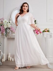 SHEIN Belle Plus Contrast Lace Panel Butterfly Sleeve Wedding Dress Without Veil - White - View 6
