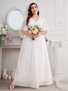 SHEIN Belle Plus Contrast Lace Panel Butterfly Sleeve Wedding Dress Without Veil - White - View 7