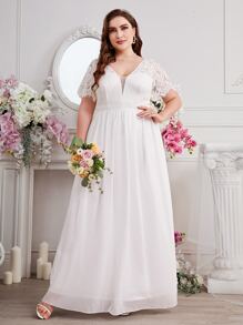 SHEIN Belle Vestido de novia con encaje en contraste con cremallera trasera - Blanco - Ver 3
