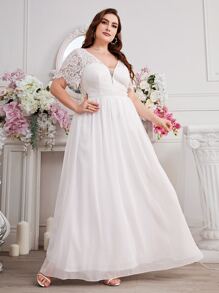 SHEIN Belle Vestido de novia con encaje en contraste con cremallera trasera - Blanco - Ver 4