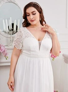 SHEIN Belle Vestido de novia con encaje en contraste con cremallera trasera - Blanco - Ver 6