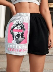 SHEIN VaVaLuxe Figure & Letter Graphic Colourblock Shorts - Multicolor - View 6