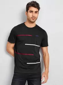 GENTILAND 男士條紋圖案貼布細節T恤 - 黑色 - 查看 1