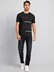 GENTILAND 男士條紋圖案貼布細節T恤 - 黑色 - 查看 3