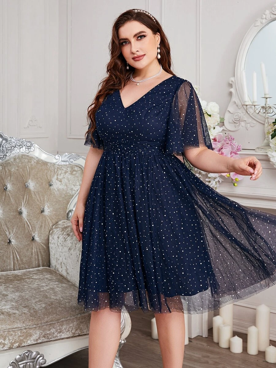 SHEIN Belle Talla grande Vestido con diamante de imitación de malla de manga mariposa - Azul Marino - Ver 1