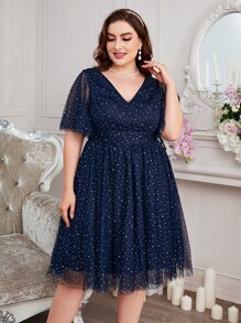SHEIN Belle Talla grande Vestido con diamante de imitación de malla de manga mariposa - Azul Marino - Ver 5