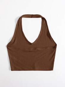 SHEIN EZwear Rib-Knit Crop Halter Top - Coffee Brown - View 2