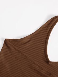 SHEIN EZwear Rib-Knit Crop Halter Top - Coffee Brown - View 3