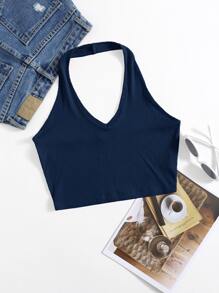 SHEIN EZwear Rib-Knit Crop Halter Top - Navy Blue - View 1