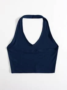SHEIN EZwear Rib-Knit Crop Halter Top - Navy Blue - View 2