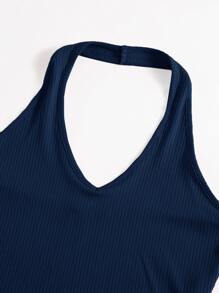 SHEIN EZwear Rib-Knit Crop Halter Top - Navy Blue - View 3
