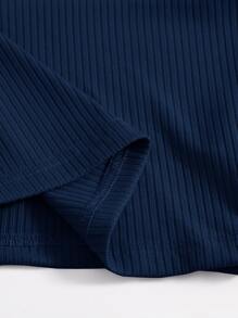 SHEIN EZwear Rib-Knit Crop Halter Top - Navy Blue - View 4