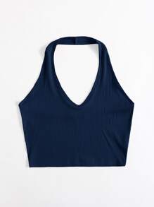 SHEIN EZwear Rib-Knit Crop Halter Top - Navy Blue - View 5