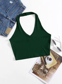 SHEIN EZwear Rib-Knit Crop Halter Top - Dark Green - View 1