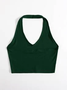 SHEIN EZwear Rib-Knit Crop Halter Top - Dark Green - View 2