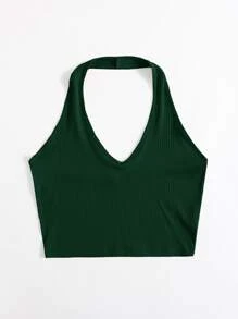 SHEIN EZwear Rib-Knit Crop Halter Top - Dark Green - View 3