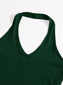 SHEIN EZwear Rib-Knit Crop Halter Top - Dark Green - View 5