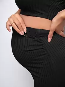 SHEIN Maternidad Conjunto Top halter tejido de canalé & Falda de lápiz - Negro - Ver 3