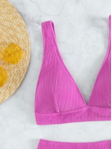 Plain Textured Bikini For Summer Beach - Pink - View 4