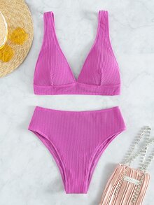 Plain Textured Bikini For Summer Beach - Pink - View 6
