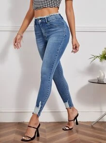 SHEIN Essnce Quần jean nữ Nút Túi Hem thô Bị tách Dây kéo màu trơn - Rửa trung bình - Xem 4