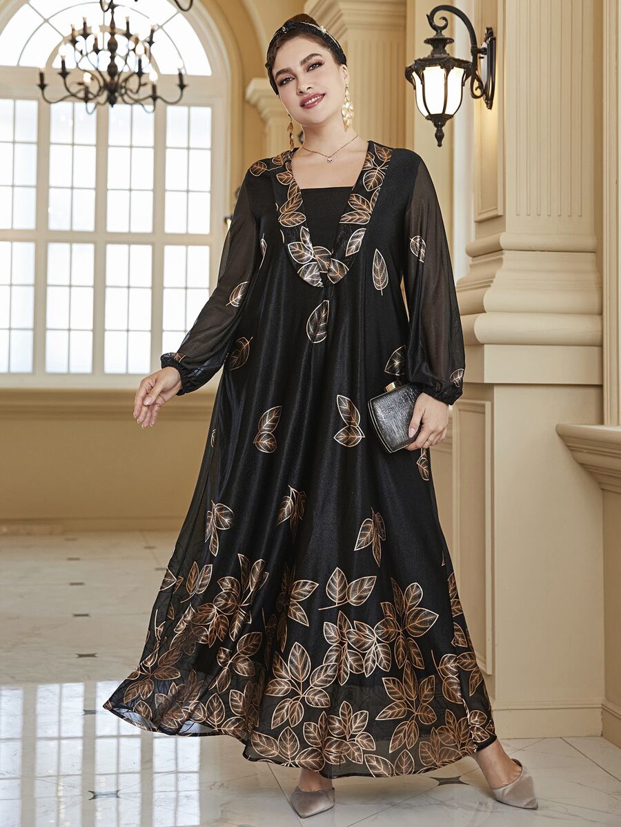 Plus Size Random Gold Leaf Print Dress - Black - View 1