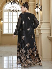 Plus Size Random Gold Leaf Print Dress - Black - View 2