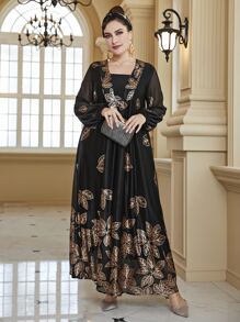 Plus Size Random Gold Leaf Print Dress - Black - View 5