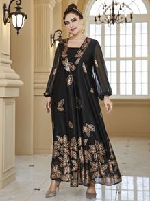 Plus Size Random Gold Leaf Print Dress - Black - View 6