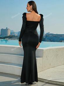Missord Puff Sleeve Side Draped Split Thigh Mermaid Hem Formal Dress Black Elegant Long Sleeve Prom Evening Wedding Guest Gown, For Graduation, Dinner