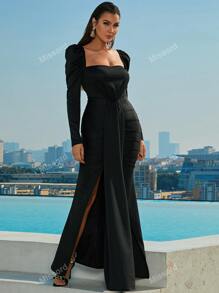 Missord Puff Sleeve Side Draped Split Thigh Mermaid Hem Formal Dress Black Elegant Long Sleeve Prom Evening Wedding Guest Gown, For Graduation, Dinner