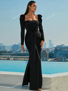 Missord Puff Sleeve Side Draped Split Thigh Mermaid Hem Formal Dress Black Elegant Long Sleeve Prom Evening Wedding Guest Gown, For Graduation, Dinner
