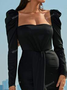 Missord Puff Sleeve Side Draped Split Thigh Mermaid Hem Formal Dress Black Elegant Long Sleeve Prom Evening Wedding Guest Gown, For Graduation, Dinner