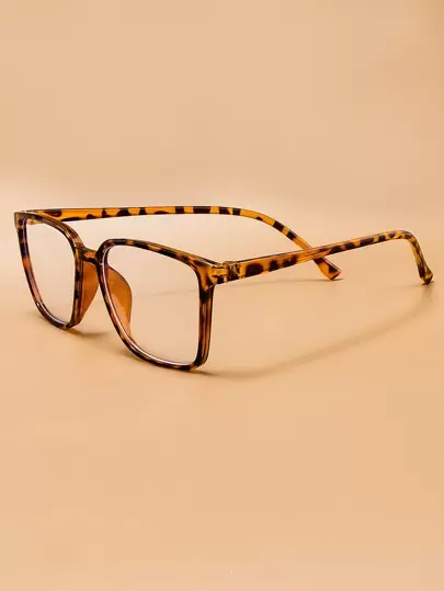 中性款豹紋框方形裝飾時尚非處方透明眼鏡，適用於日常使用