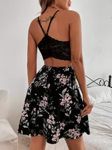 SHEIN VCAY Đầm Tương phản ren Hoa Boho - màu đen - Xem 1