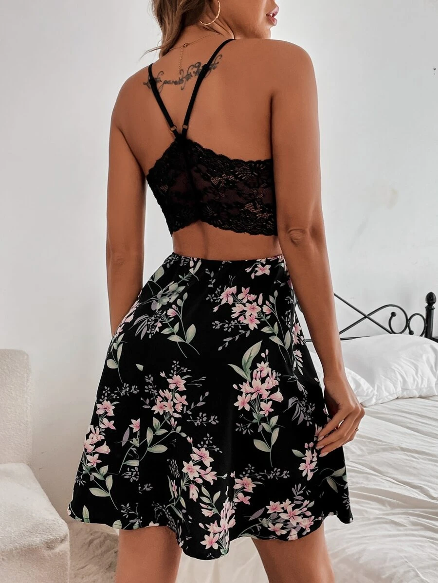 SHEIN VCAY Đầm Tương phản ren Hoa Boho - màu đen - Xem 1