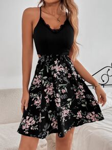 SHEIN VCAY Đầm Tương phản ren Hoa Boho - màu đen - Xem 4