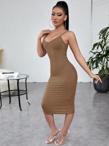 SHEIN SXY 素色條紋針織緊身連衣裙 - 卡其色 - 查看 4