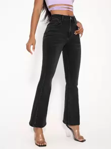 SHEIN PETITE Jeans de pierna amplia con estiramiento alto - Negro - Ver 1