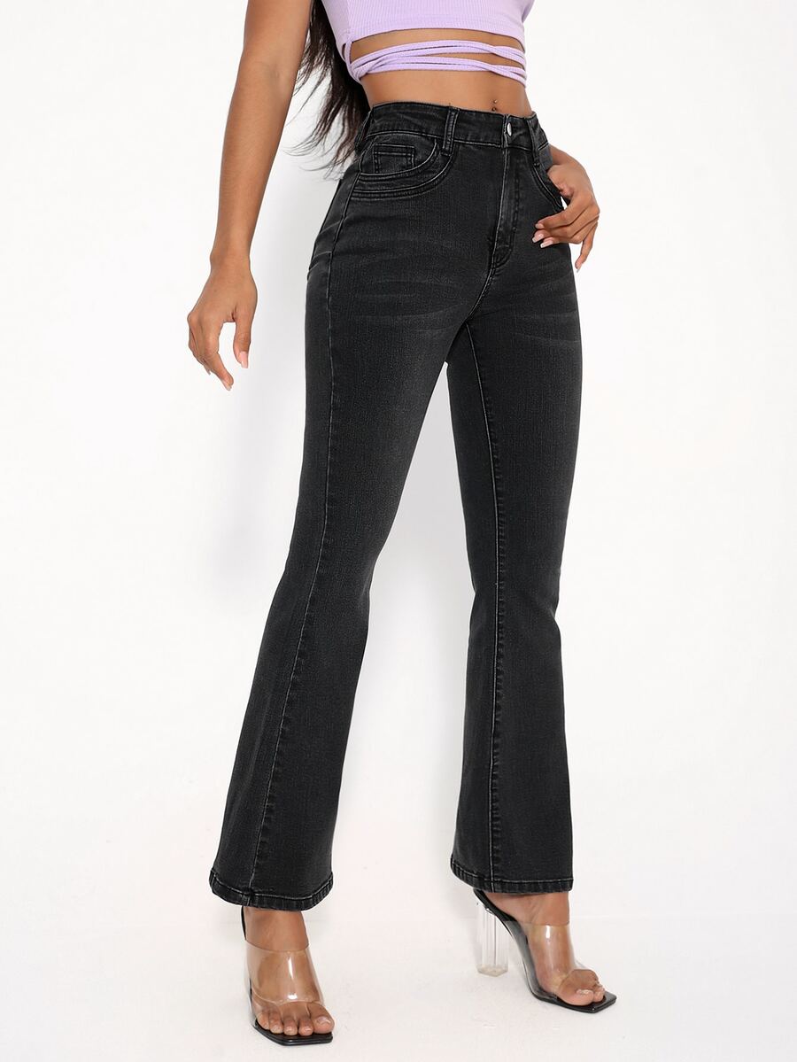 SHEIN PETITE Jeans de pierna amplia con estiramiento alto - Negro - Ver 1