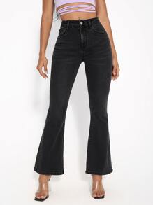 SHEIN PETITE Jeans de pierna amplia con estiramiento alto - Negro - Ver 4